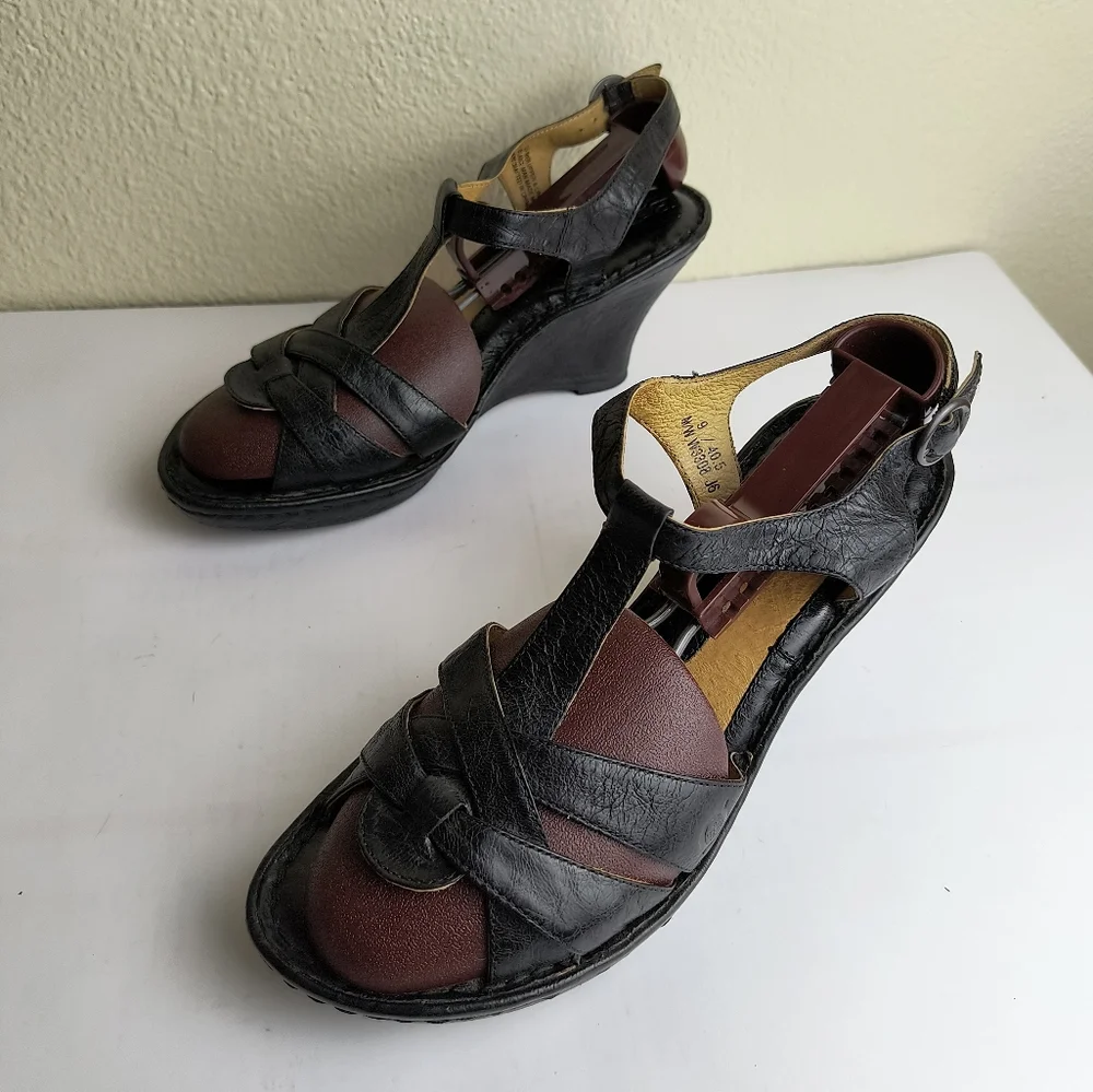 Born 9/40.5 Black and Brown Leather Wedge Sandals  Buckle Closure